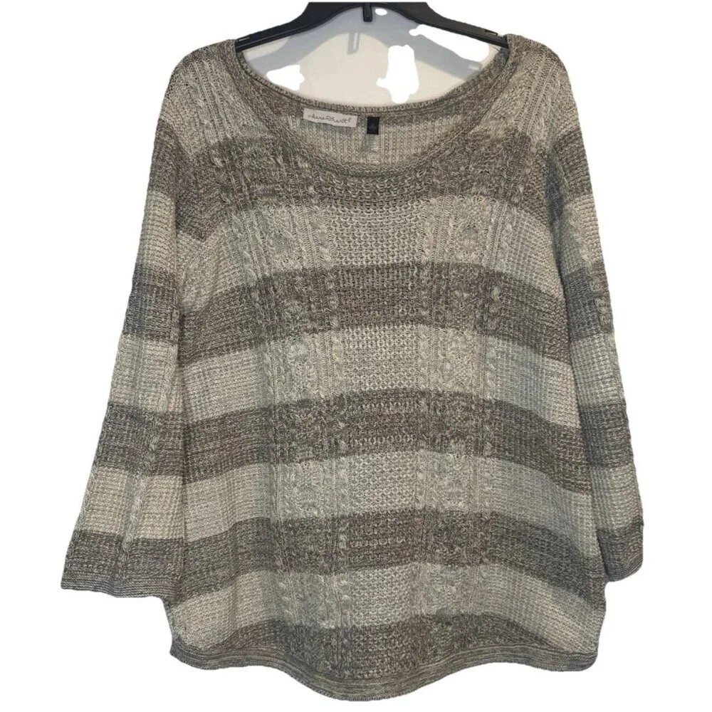 Keren Hart Women’s Gray Striped 3/4 Sleeve Scoop Neck Cotton‎ Sweater Top Sz XL
